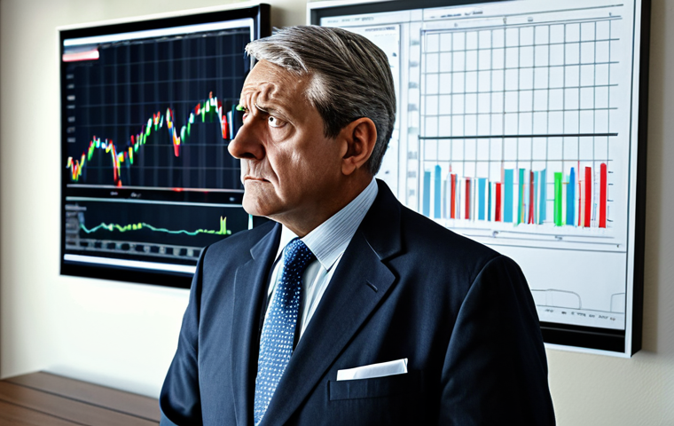 인플레이션이 주식 시장에 미치는 영향 - Concerned Investor**
A concerned investor, middle-aged, fully clothed in professional attire, looki...