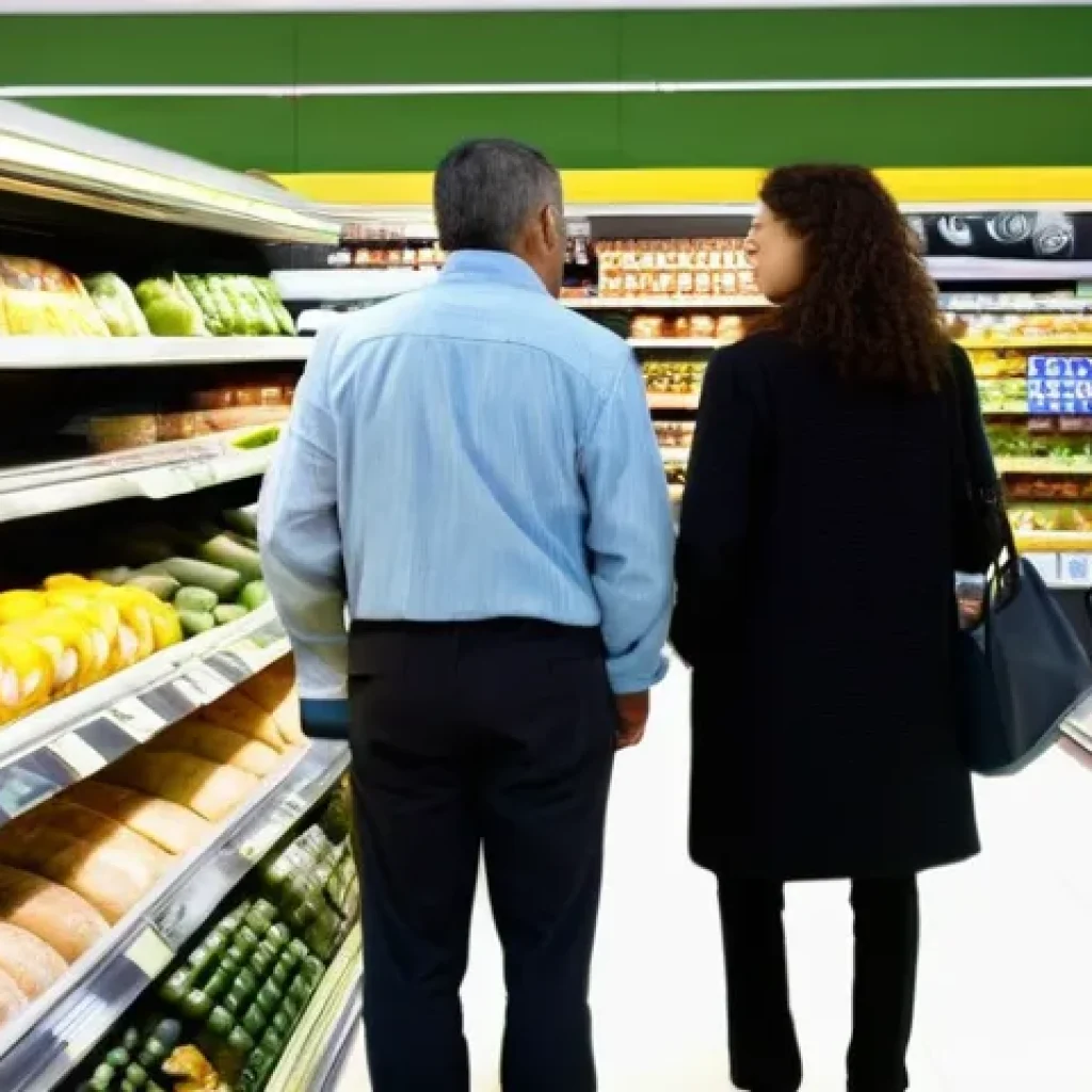 경제적 불확실성과 인플레이션의 관계 - **Prompt:** "A Portuguese couple in their late 30s standing at a supermarket checkout in a modern, w...