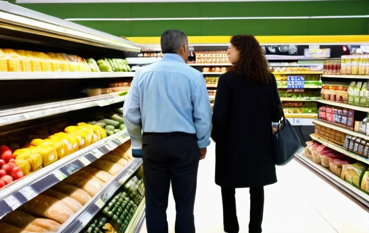 경제적 불확실성과 인플레이션의 관계 - **Prompt:** "A Portuguese couple in their late 30s standing at a supermarket checkout in a modern, w...