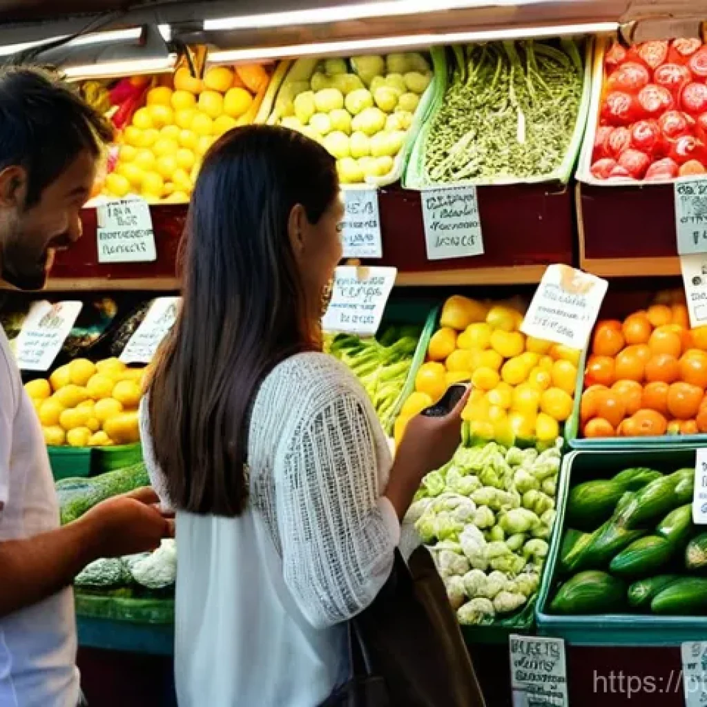 인플레이션과 소비자 행동 변화 - **Conscious Shopping at a Portuguese Local Market:**
"A vibrant, bustling scene at a traditional...