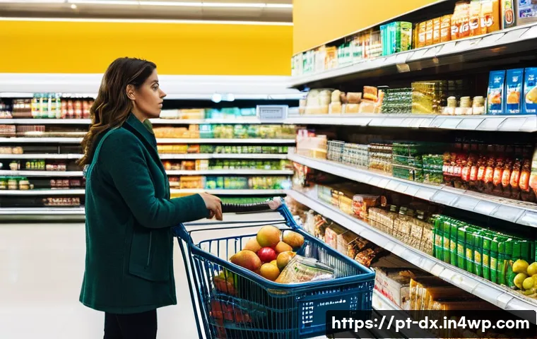 인플레이션과 투자자 심리 변화 - **Prompt:** A thoughtful Portuguese woman in her late 30s stands in a modern, well-lit supermarket a...